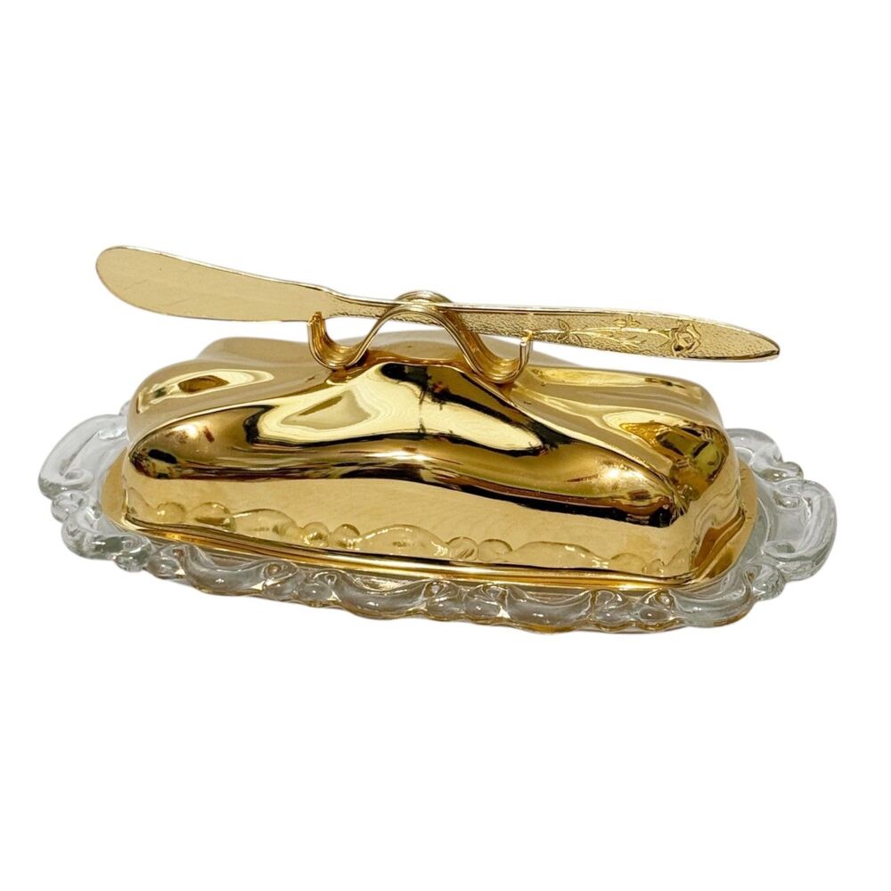 Vtg Stanley Roberts Glass Butter Dish with Gold Plated Lid and Knife Japan